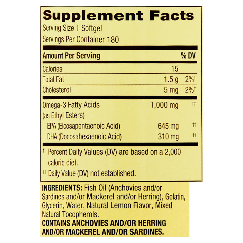 Spring Valley Omega-3 1000 mg from Fish Oil, Heart, Brain Health, Lemon,180 Softgels