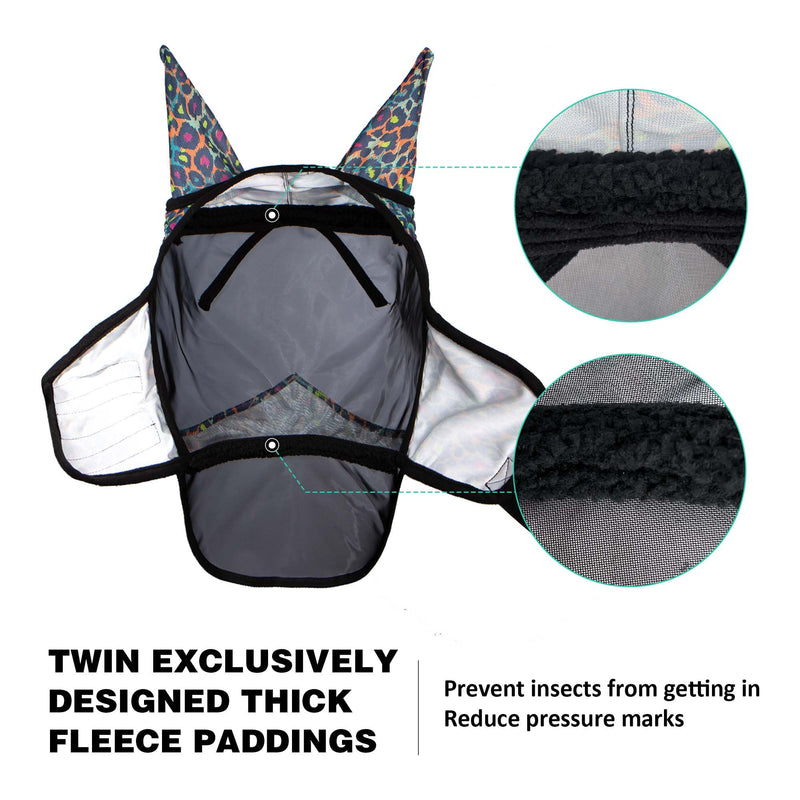 Harrison Howard Pro LumiVista Horse Full Face Fly Mask Large Eye Space Long Nose with Ears UV Protection for Horse Iridescent Prints M Medium - BeesActive Australia