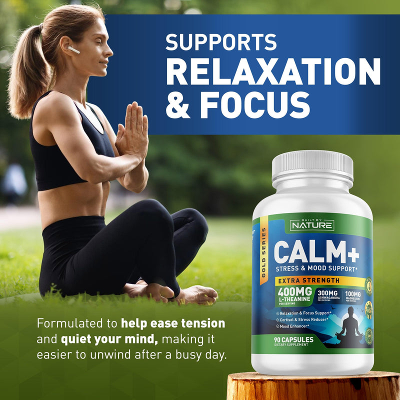 Built by Nature Calm+ Relaxation & Focus Supplement, 90 Capsules Stress, Cortisol & Mood Support, L-Theanine, Ashwagandha, Magnesium Glycinate, Vitamin D3