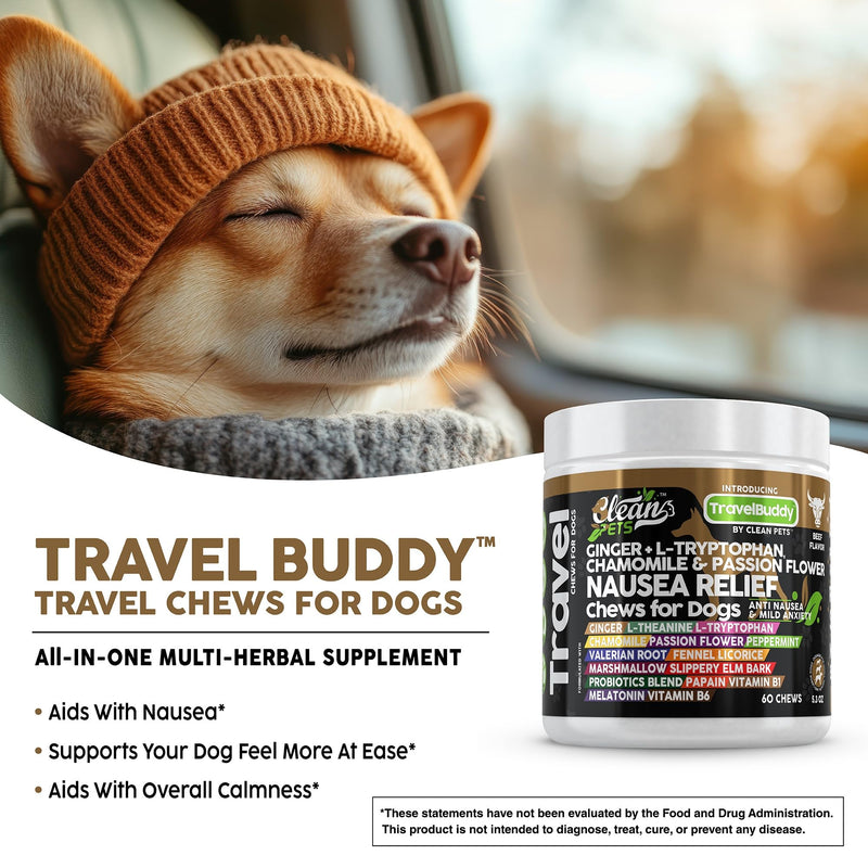 Clean Pets Travel Chews Nausea Relief for Dogs | Ginger L-Tryptophan Chamomile Passion Flower L-Theanine Peppermint Valerian Root Fennel Licorice Root Marshmallow Root Slippery Elm Melatonin Chew 60 Count (Pack of 1)