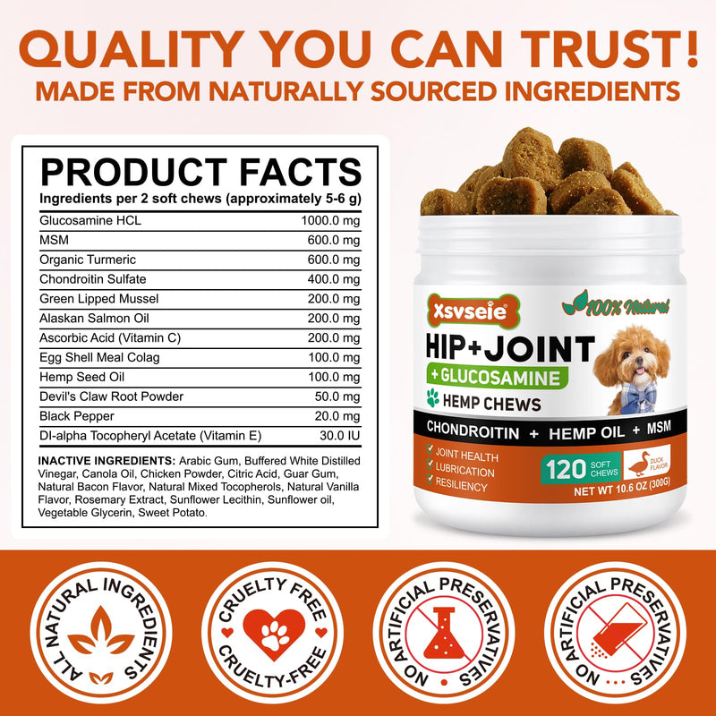 Joint Supplements for Dogs, Dog Joint Supplements for Senior Dogs, Hip and Joint Supplement for Dogs, 120 Soft Chews with Glucosamine, Chondroitin & MSM, Mobility & Cartilage Care, Adult, Duck Flavour