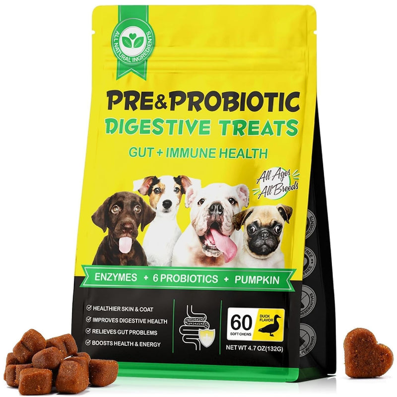 Dog Probiotics for Gut Health – 6 Billion CFU Multi-Strain Digestive Treats – Vet-Formulated Probiotics for Dogs, Dog Diarrhea Treatment, Immune & Skin Support – 60 Duck-Flavoured Chews