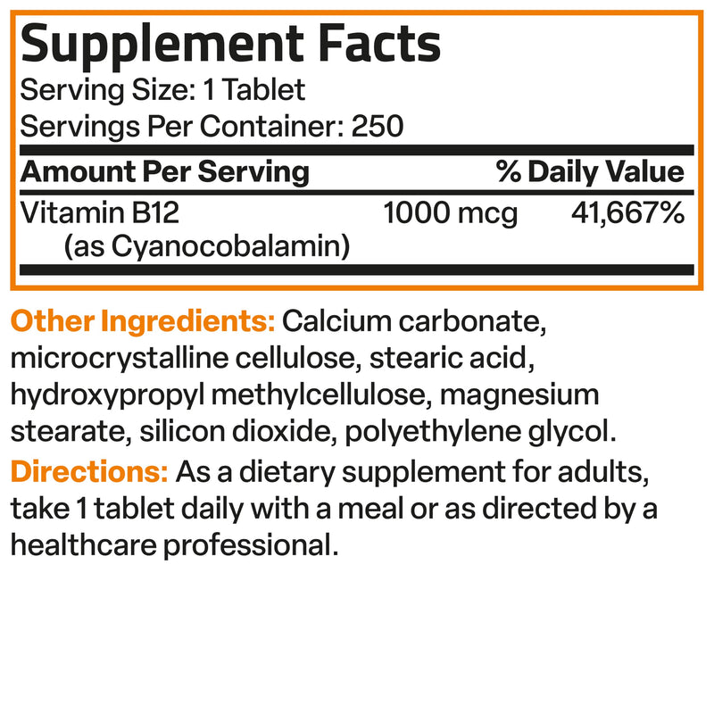 Bronson Vitamin B12 1000 mcg Sustained Release, Energy Support, 250 Tablets | Healthy Brain Function & Nervous System Support, Vegan, Non-GMO, Gluten-Free & Soy-Free 250 Count (Pack of 1)