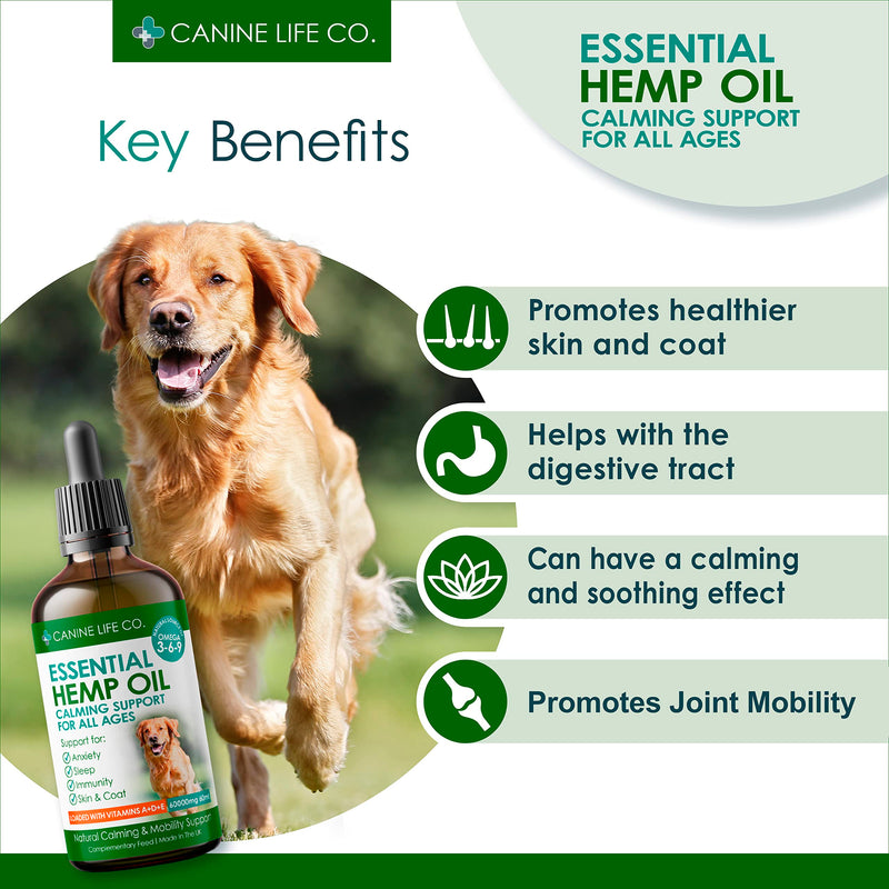 Canine Life Co.® Hemp Oil For Dogs 60ml, 60,000mg - Dog Calming Supplement - Dog Calming Drops - Omega 3,6,9 For Dogs - Supports & Maintains Healthy Joints - Made In The UK (1 Pot 60ml) 1 Pot (60ml)