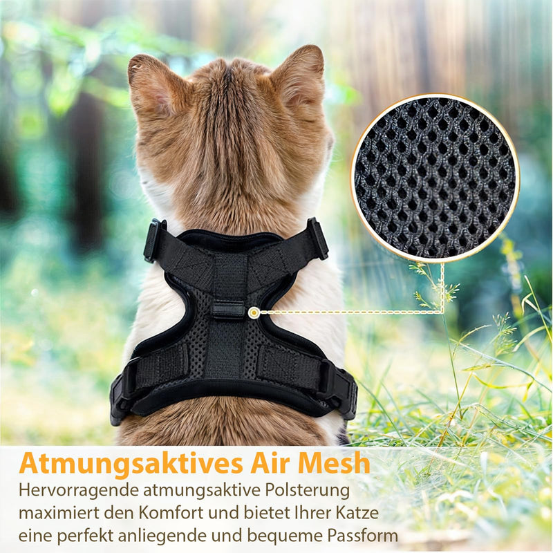 Comfortable cat harness with leash - Breathable air mesh, Suitable for neck circumference 21-28 cm, chest circumference 34-41 cm - Easy to put on and take off - Perfect for walks with your cat XS Black - BeesActive Australia