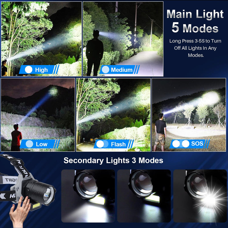 Bud K Rechargeable LED Headlamp, 1200 Lumens Super Bright Headlamp Flashlight with Motion Sensor, 8 Modes, 135°Adjustable, IPX7 Waterproof Head Lamp for Camping, Running, Climbing, Hiking Black
