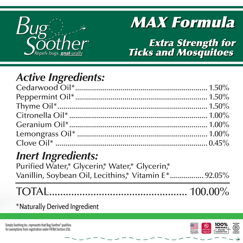 Bug Soother Max - Extra Strength Natural Gnat, Tick, and Mosquito Repellent, 4 fl oz Bug Spray Deterrent - DEET-Free - Safe for Adults & The Environment - Made in USA 4 Fl Oz (Pack of 1)