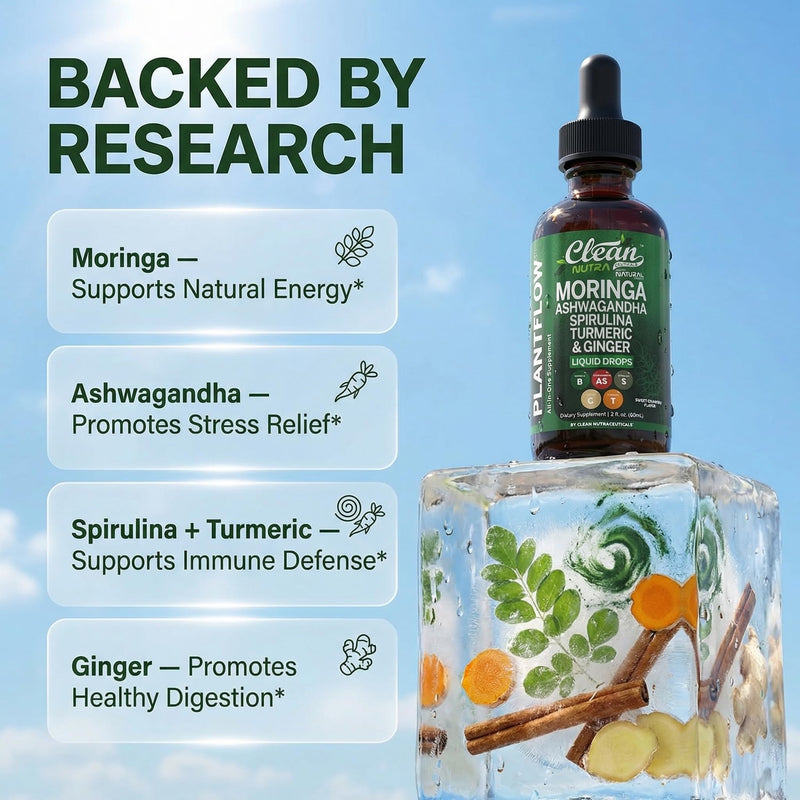 Clean Nutra Moringa Supplement Drops Ashwagandha Spirulina Chlorella Turmeric & Ginger Liquid Barley Grass with Chlorophyll Blue Green Algae Vitamin C Antioxidant Holy Basil Ceylon Cinnamon PlantFlow