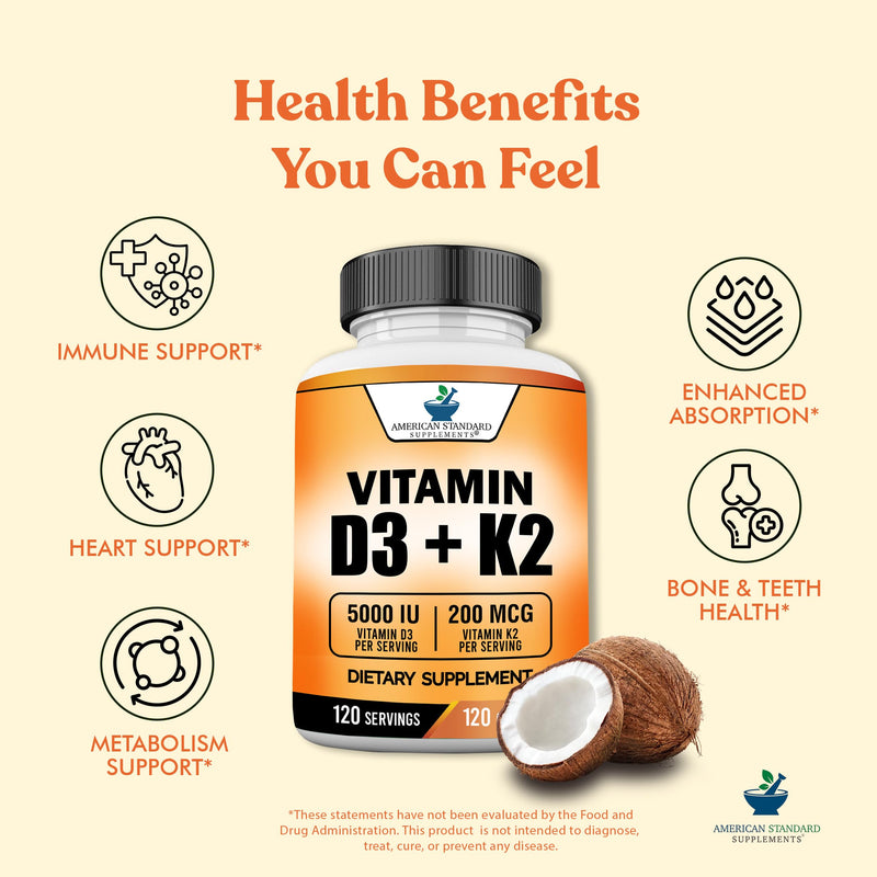 American Standard Supplements Vitamin D3 5000 IU (125mcg) Plus Vitamin K2 (MK7) 200mcg Per Capsule - Gluten Free, Non-GMO, 120 Capsules, 120 Servings, 120 Day Supply 1 Count (Pack of 120)