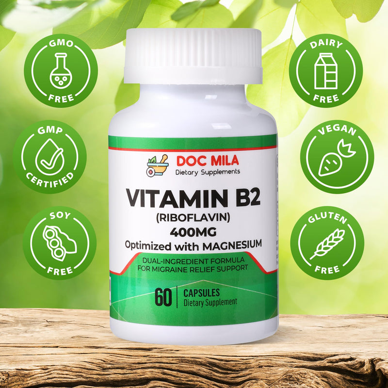 Vitamin B2 Riboflavin 400mg Capsules – Migraine Relief Supplement for Kids & Adults – Headache Support – Vegan Vitamin Tablets – 60 Pills (200mg per Capsule)