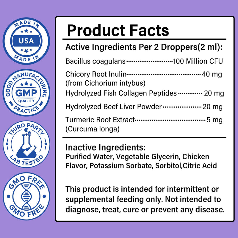 Liquid Probiotics for Cats with Prebiotics & Collagen, Digestive Health Supplement for Constipation, Diarrhea Relief & Immune Support, Skin and Coat Stool Softener, Chicken Flavor, 2 fl oz