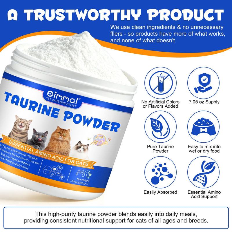 Taurine for Cats, Taurine Powder for Cat Supports Heart, Skin & Coat, Vision & Immune, Cat Taurine Supplement for All Ages & Breeds of Cats - 200g