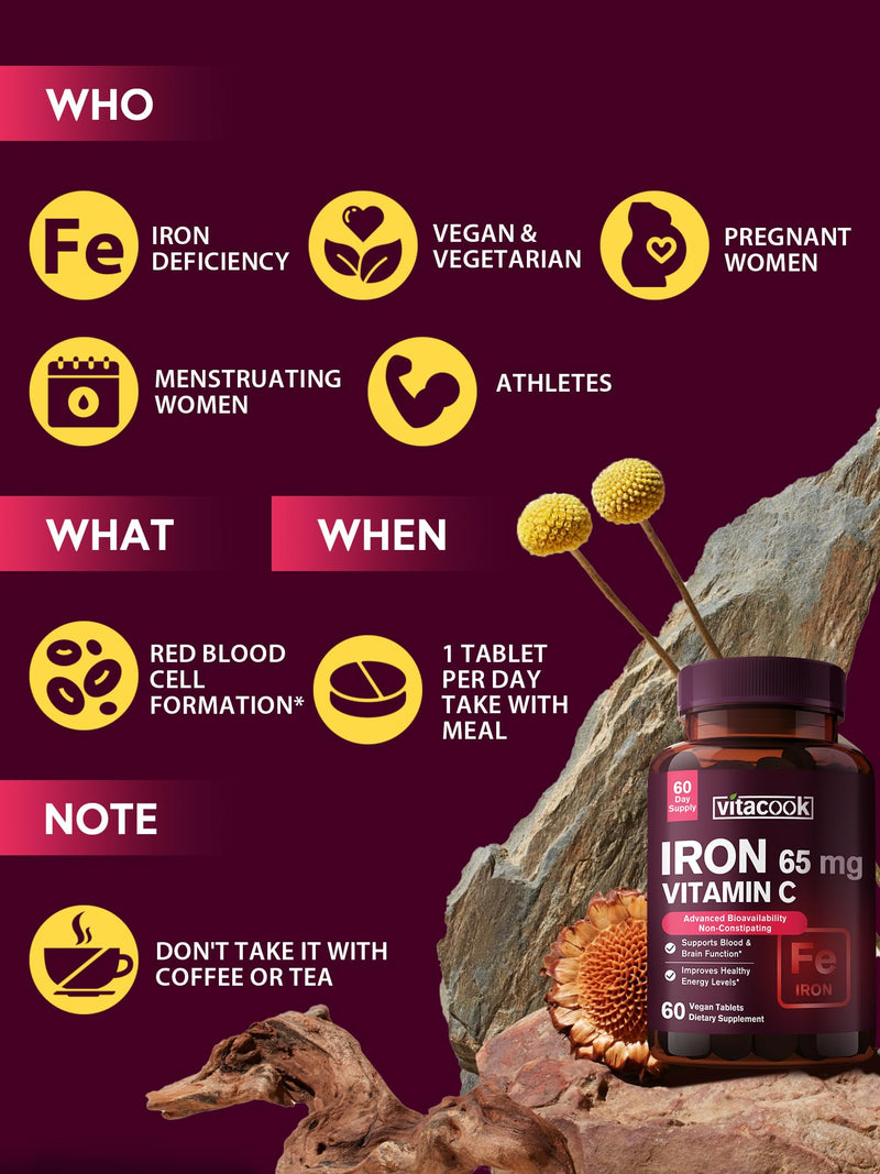 Iron Supplement for Women Men, High Potency Iron 65mg with Vitamin C 250mg, Slow Release Stomach Friendly Iron Pills for Red Blood Cell & Immune Support, Non-GMO, Gluten Free, 60 Vegan Tabs iron65mg+vc 60 Count (Pack of 1)
