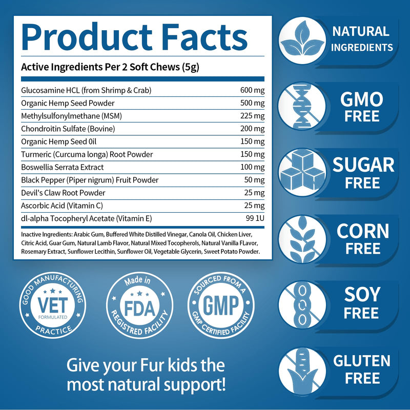 Hip & Joint Chews for Dogs, Advanced Mobility Support with Glucosamine & MSM, Natural Lamb Flavor, 120 Soft Chews