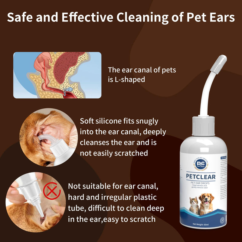 Ear Cleaner for Dogs and Cats, with Bendable Applicator, Non-Irritating, Dog Ear Cleaner Solution to Eliminates Ear Odour, Dirt and Debris, 60ml