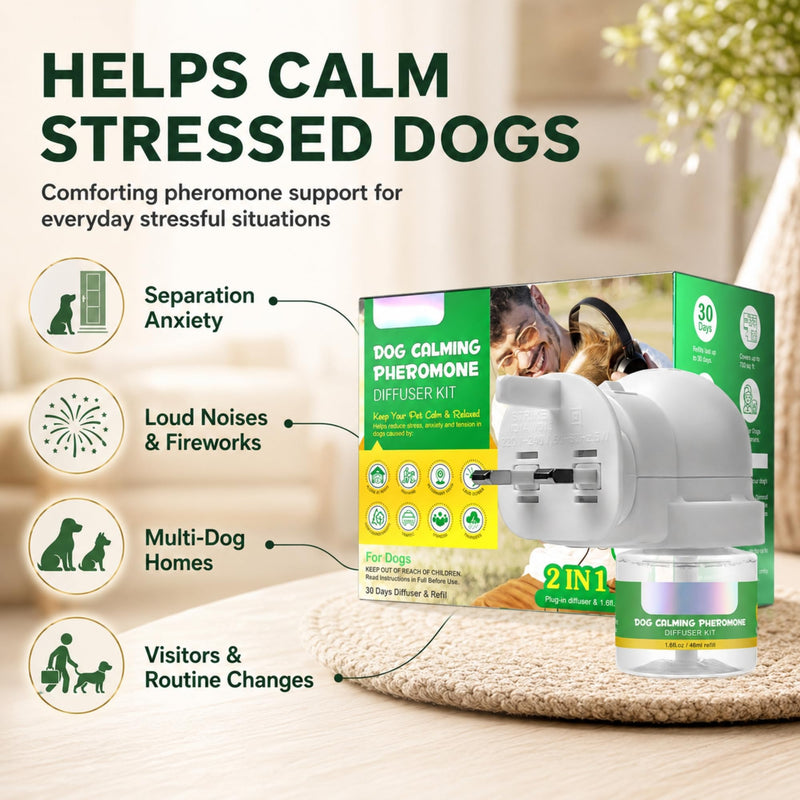 W-Direct Dog Calming Pheromone Plug In Diffuser Kit 2 in 1 Set – 30 Day 48ml Refill – Stress & Anxiety Relief for Dogs, Separation, Noise & Multi Dog Homes