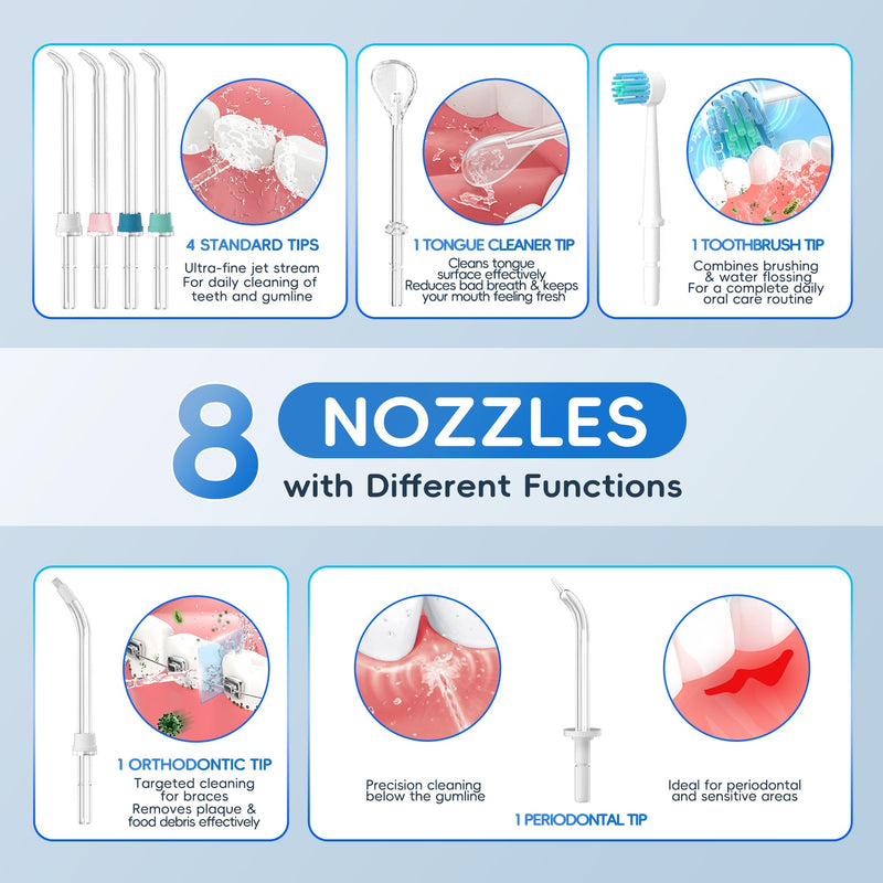 Mornwell Water Dental Flosser for Teeth, 2 Modes and 10 Adjustable Pressure Oral Irrigator for Braces, 8 Multi-Functional Tips for Family, Multiple Users, Home Use, White 600ML