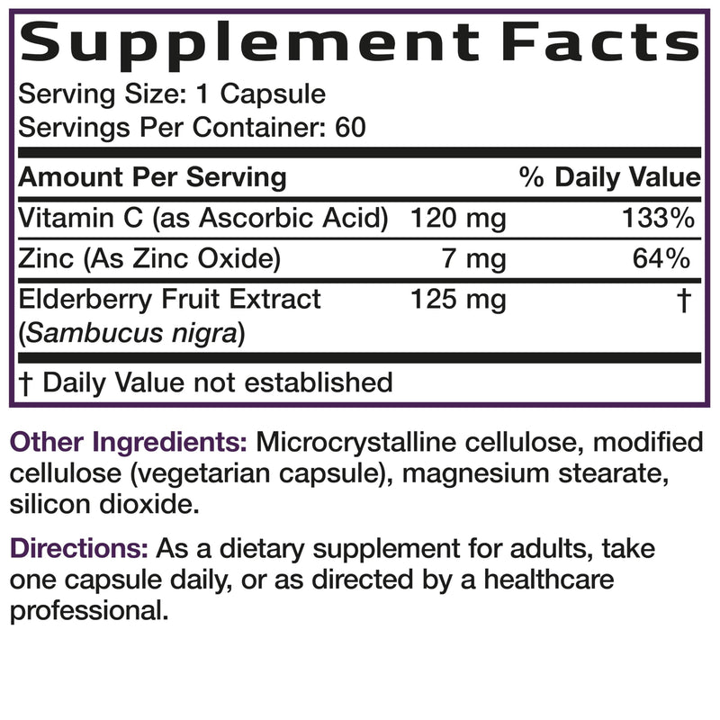 Bronson Elderberry with Zinc & Vitamin C Triple Immune Support, 60 Capsules | 125 mg Elderberry, 120 mg Vitamin C & 7 mg Zinc, Antioxidant Support, Vegetarian, Non-GMO, Gluten-Free & Soy-Free