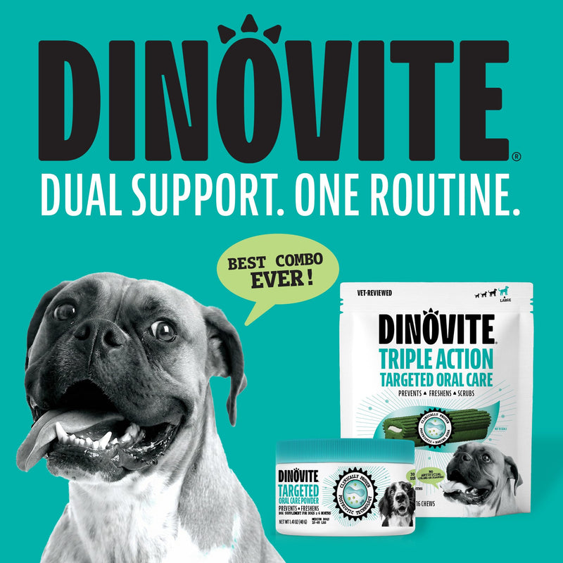 Dinovite Dental Chews for Dogs, Triple Action Dental Dog Treats for Small Breeds, Clinically Proven to Prevent Plaque & Tartar While Freshening Breath, Fresh Mint Flavor, Made in USA, 30 Count Small Dogs (15-25 lbs)