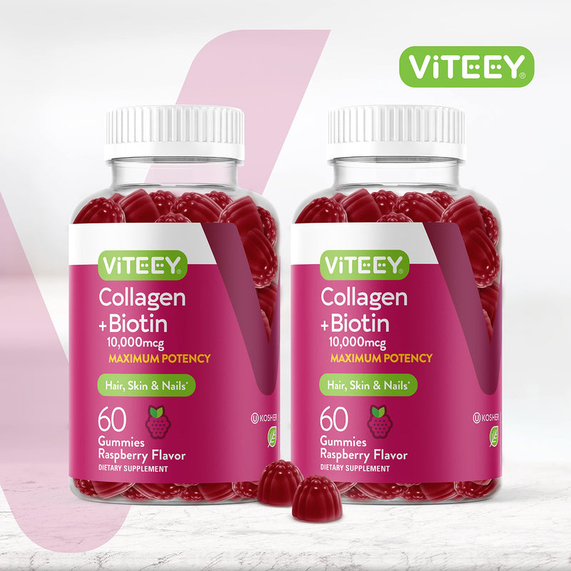 Viteey Collagen Gummies with Biotin Gummies | for Hair Skin and Nails Vitamins - Biotin and Collagen Supplements for Women & Men - Gluten-Free - 120 Count 60 Count (Pack of 2)