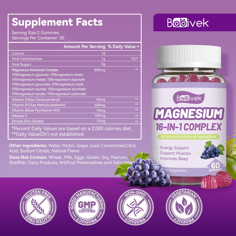 2 Pack Magnesium Gummies with Vitamin D3, C, B6, B12 & Zinc | 800mg Magnesium Gummies,Magnesium Citrate,Glycinate,Malate,Oxide,Women Men Bone Muscle Health,Vegan,Grape Flavor 60 Count (Pack of 2)