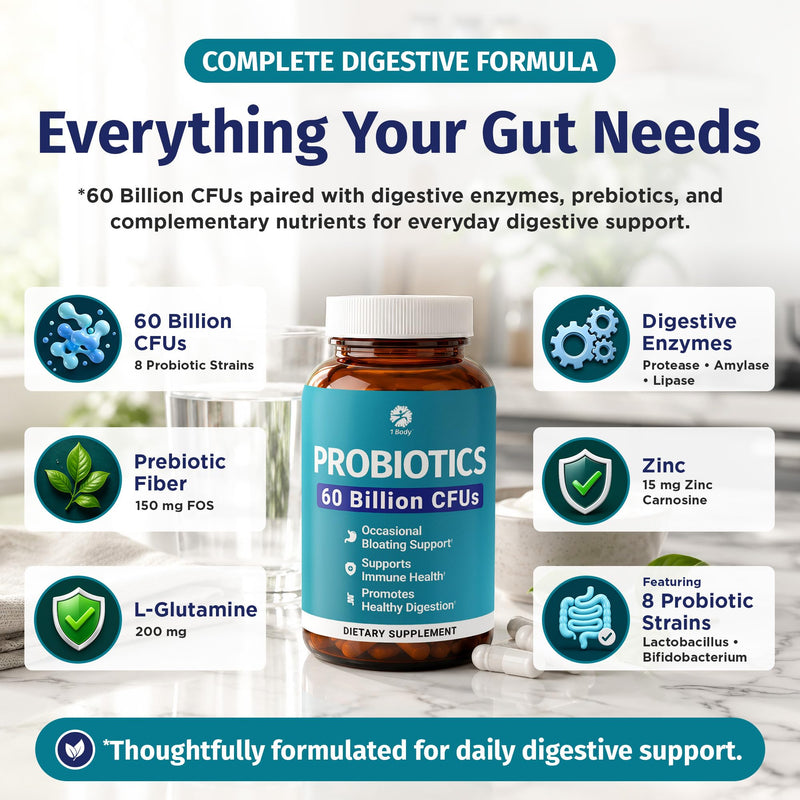 1 Body Probiotic 60 Billion with Prebiotics & Enzymes, 60 Vegan Caps | When Your Gut Feels Good, Everything Feels Better. Supports digestive balance and everyday wellness.* Digestive Probiotics