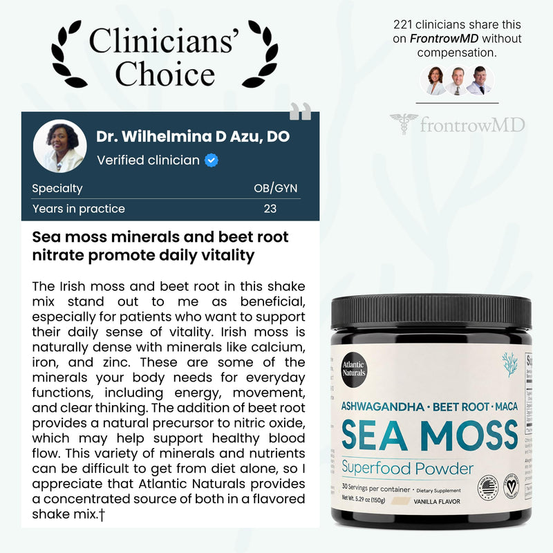 Atlantic Naturals Superfood Organic Sea Moss Powder Blend with Ashwagandha, Maca Root & Beet Root | Ideal for Healthy Skin, Positive Mood & Energy | Vanilla Flavor (150g)