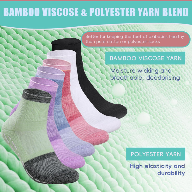 Bulinlulu Bamboo Viscose Diabetic Socks with Grippers for Men Women -6 Pairs Non Binding Ankle Slipper Socks Size 6-9 9-12 Purple/Green/Orange Red/Pale Purple/Black/White Medium