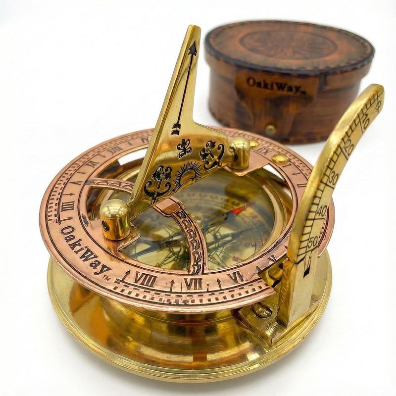 OakiWay Brass Sundial Compass in Leather Case - Nautical Gifts for Men, Antique Sailing Anniversary Gadget for Him, Unusual Unique Nautical Decor, Naval Maritime Pocket Watch Clock (2.7" Inch) 2.7" Inch Diameter