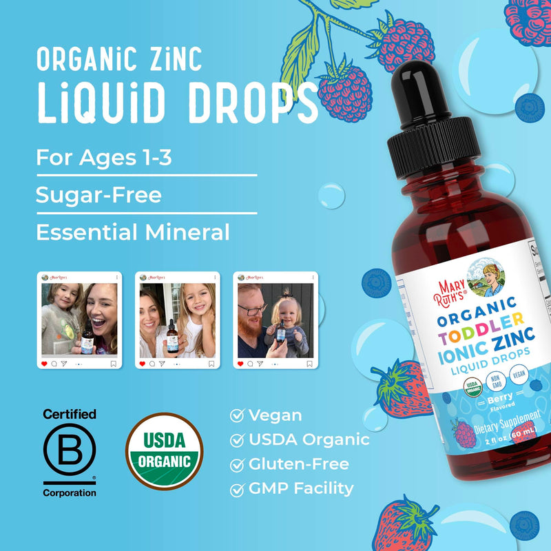 MaryRuth Organics USDA Toddler Liquid Drops | Zinc Sulfate | Immune Support Supplement| Skin Health | Vegan | Formulated for Ages 1-3 | Delicious Berry Flavor | 1 Month Supply | 2 Fl Oz - BeesActive Australia