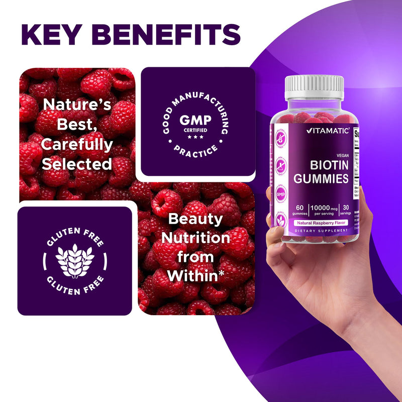 Vitamatic Biotin 10,000 mcg, 60 Vegan Gummies, Raspberry Flavor-2 Pack | 10000 mcg Per Serving, Natural Raspberry Flavor, Pectin Based, Non-GMO, Gluten Free, GMP Certified 2 Bottles