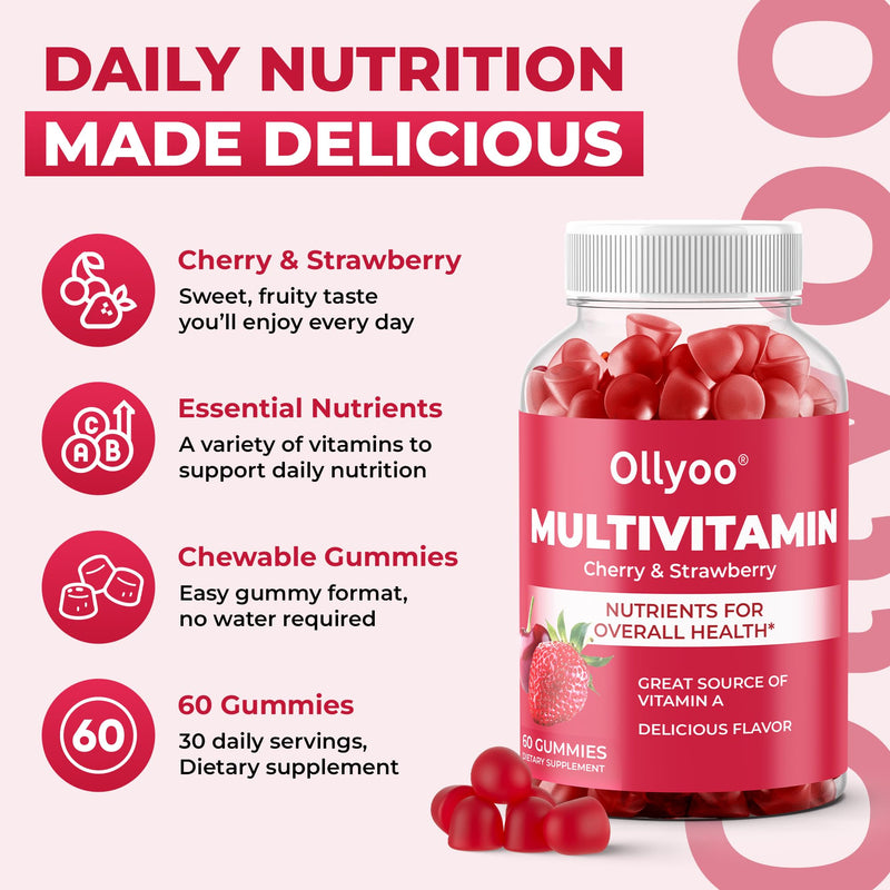Adult Multivitamin Gummies for Men and Women — Hair, Skin, Nail & Immune Support, Daily Energy Boost — Low Sugar — Cherry & Strawberry Flavor — 60 Count (30-Day Supply)