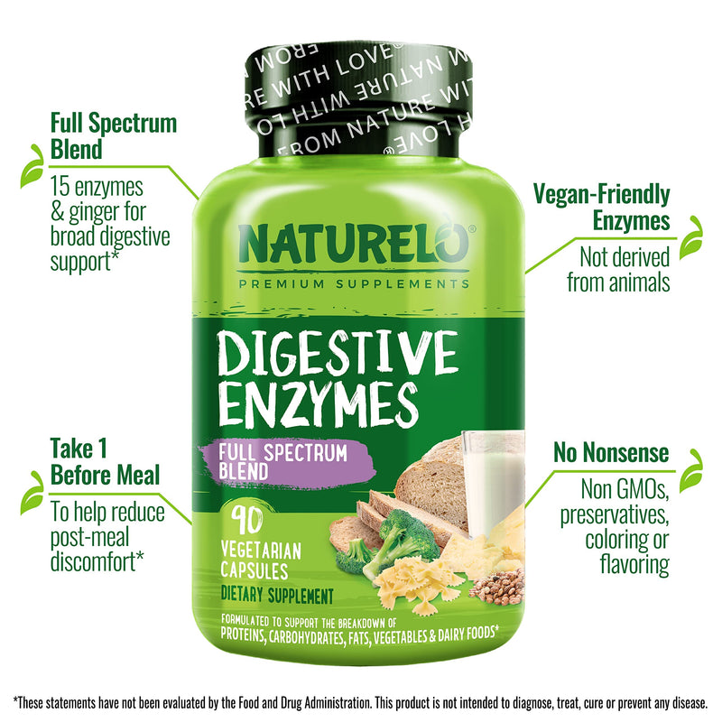 NATURELO Digestive Enzymes with Ginger, 90 Vegan Capsules, 2 Pack | Full Spectrum Support, Broad Blend of 15 Digestive Enzymes for Men and Women Unflavored 90 Count (Pack of 2)