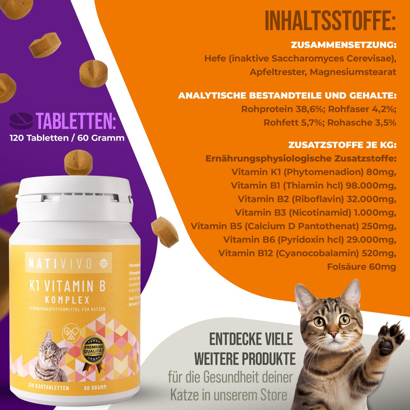 NatiVivo® Premium Cat K1 Vitamin B Complex high dosage including B12 and folic acid. Strong nerves through everyday life! Tablets Made in Germany! Cat - BeesActive Australia