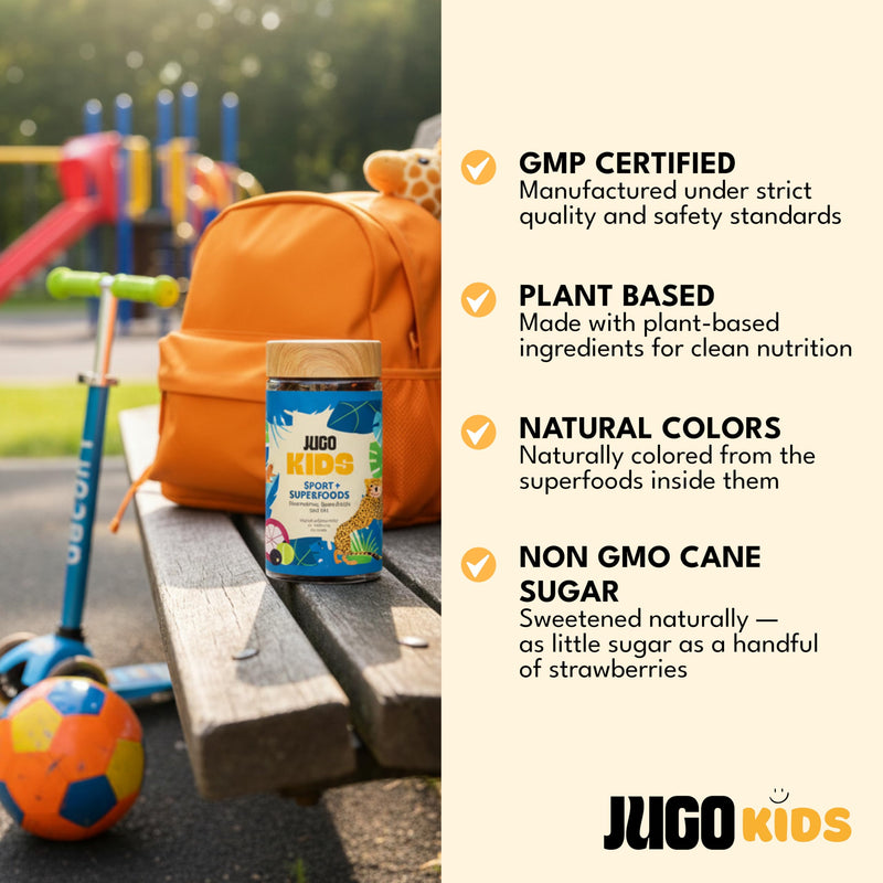 JUGO Kids Sport + SUPERFOODS Electrolyte Gummies for Sports Hydration and Daily Play with Super Fruits, Vitamin B12, and Potassium, Gluten-Free, Non-GMO, Tropical Flavor, 50 Count