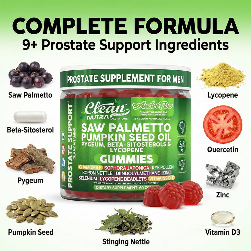 AndroFlow Saw Palmetto and Pumpkin Seed Oil Prostate Health Supplements for Men Pygeum Beta Sitosterol Lycopene Boron Zinc Selenium DIM Stinging Nettle Vitamin D, 60 Gummy Supplements By Clean Nutra