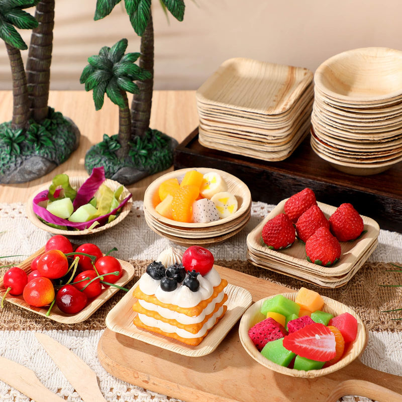 50 Pcs Palm Leaf Disposable Plates Bowls Set for Bunny 4", Sturdy Bamboo Party Bowls Decorative Compostable Tableware for Birthday Outdoor BBQ Picnic Wedding - BeesActive Australia