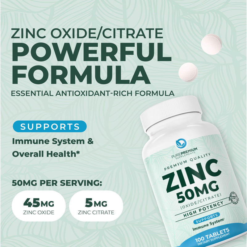 PurePremium Zinc 50mg Supplements for Men/Women - High Potency 100 Tablets | Zinc Citrate / Oxide, Supports Immune System, Antioxidant, Energy Support, Normal Skin & Cognitive Health - Gluten Free 100 Count (Pack of 1)