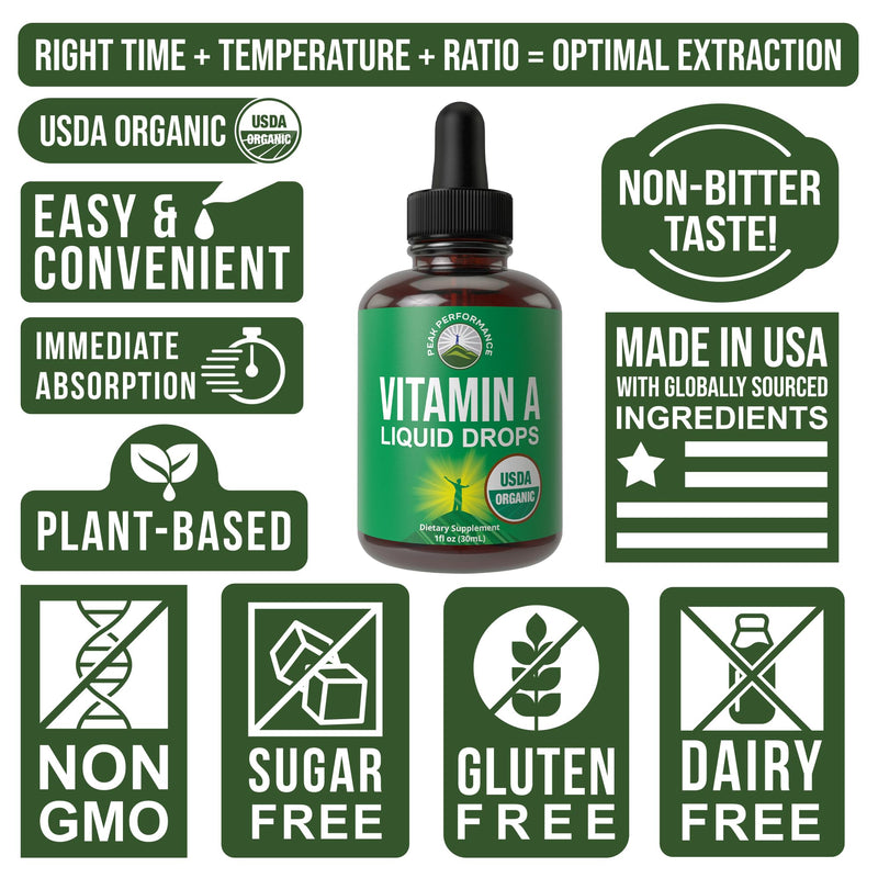 USDA Organic Vitamin A Liquid Drops Supplement. Vegan High Bioavailability For Eye, Skin, and Bone Health. For Adults, Men, Women, Kids. Organic Vit A Oil Retinyl Palmitate. Gluten Free, Zero Sugar - BeesActive Australia