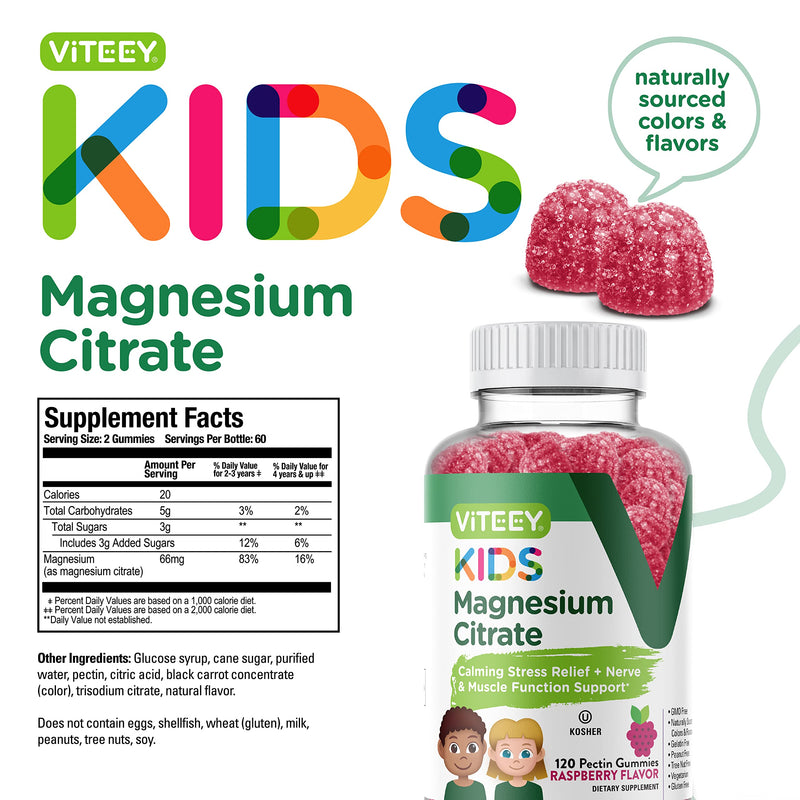 Viteey Kids Magnesium Citrate Gummies - Chewable Raspberry Flavored Gummy | Supports Sleep Aid, Calm Gummies, Muscle Relaxer, Optimal Relaxation - Vegetarian, Gelatin Free, Gluten Free, GMO Free 120 Count (Pack of 1)