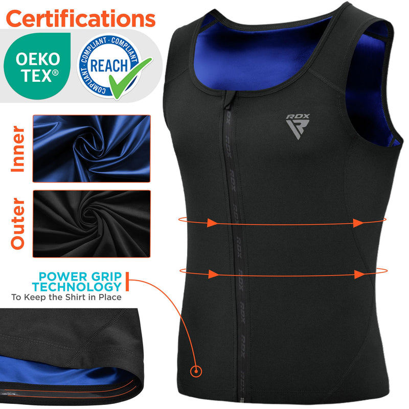 RDX Men Sauna Vest, Sweat Workout Shirt, Waist Trainer, Corset, Compression Body Shaper Zipper and Seamless Black Zipper Medium