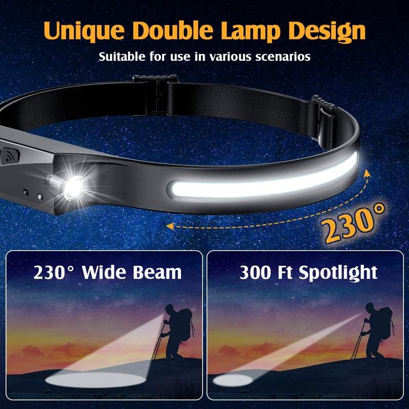4Pack Headlamp with Case - 230° Wide Beam, Motion Sensor, Red Light, 6 Modes, IPX4 Waterproof Level, Super Lightweight&Portable Rechargeable LED Headlamps for Adults