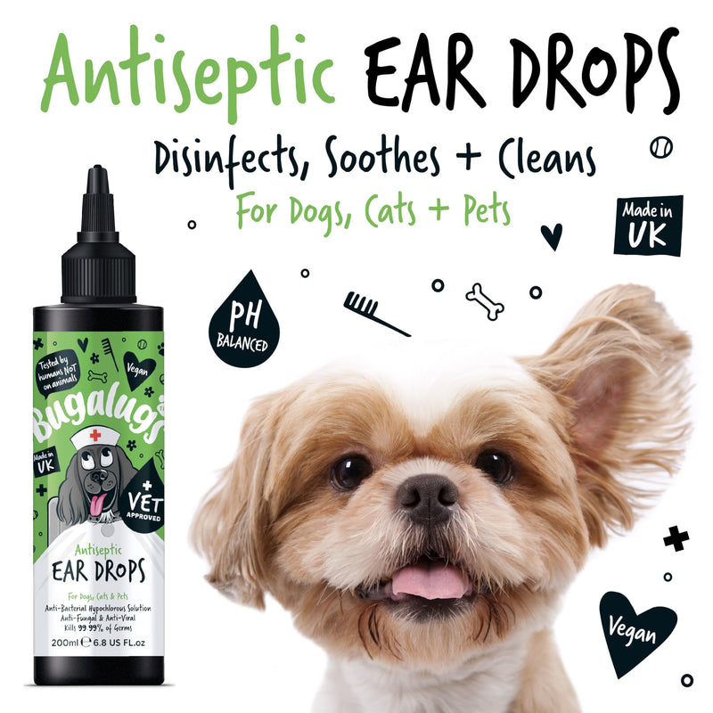 BUGALUGS Antiseptic Ear Drops 200ml – Ear Disinfection, Kills bacteria, Stops Odours, Scratching & Discomfort, Anti-fungal (Yeast), Veterinary-grade, for Dogs, Cats & all other animals Dog 200ml