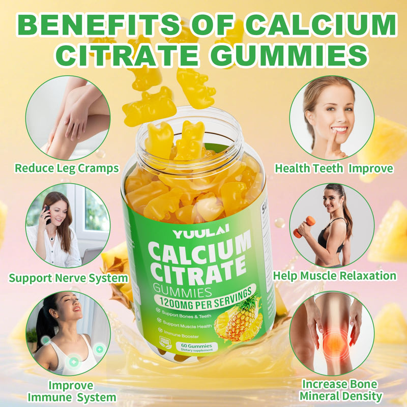 Pack of 2 Calcium Citrate Gummies 1200mg, Chewable Calcium Supplements for Women & Men, Sugar Free Calcium Gummies for Bone, Muscle & Immune Support, Pineapple Flavor, 120 Count 120 Count (Pack of 1)