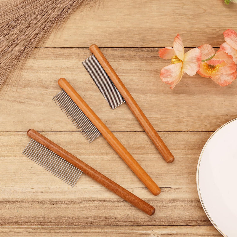 3pcs Grooming Comb for Pets, Solid Wooden Cat Combs with Wide & Narrow Rounded-Tip Teeth Pet Hair Comb Metal Flea Lice Tick Comb for Cats Dogs Rabbits Tangled Hair (3 Sizes） - BeesActive Australia