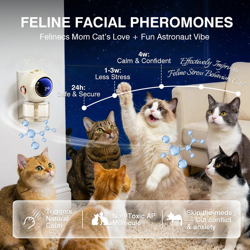 6 in 1 with Timing Function Cat Calming Diffuser Multicat Calming Pheromones Diffusers 60 Days Calm Relaxing Pheromone for Cats kit 48ml Relief Stress Anxiety Fighting Scratching 2 diffuser,4 refill