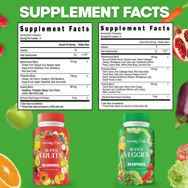 Nature's Core Fruit and Veggie Supplement - 360 Capsules - 100% Whole Super Fruit and Vegetable Vitamin, Made in USA, Soy Free, Vegan, Capsule Form - 90 Count (Pack of 4)
