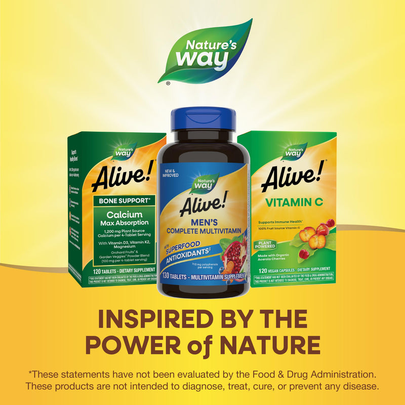 Nature's Way Alive! Men's Complete Daily Multivitamin, 130 ct | Supports Energy Metabolism* and Muscle Function*, with B-Vitamins and Superfood Antioxidants(1), Gluten-Free, Dairy-Free 130 Count (Pack of 1)