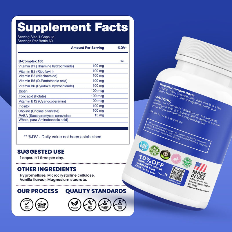 Nutra Wave Super B Complex Vitamins for Women & Men, High Potency B1 B2 B3 B5 B6 B7 B9 B12 with Choline & Myo-Inositol, Energy & Brain Support, Made in USA, Vegan Non-GMO, 60 Capsules 60 Count (Pack of 1)