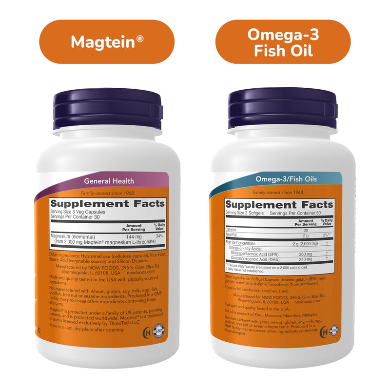 Now Foods Neuro-Cardio Bundle - Magtein® + Omega-3 Fish Oil Supplements | Magnesium L-Threonate Capsules 90ct + Omega-3 Fish Oil Supplements 180 EPA/120 DHA 100ct - Brain & Cardiovascular Support* 95 Count (Pack of 2)